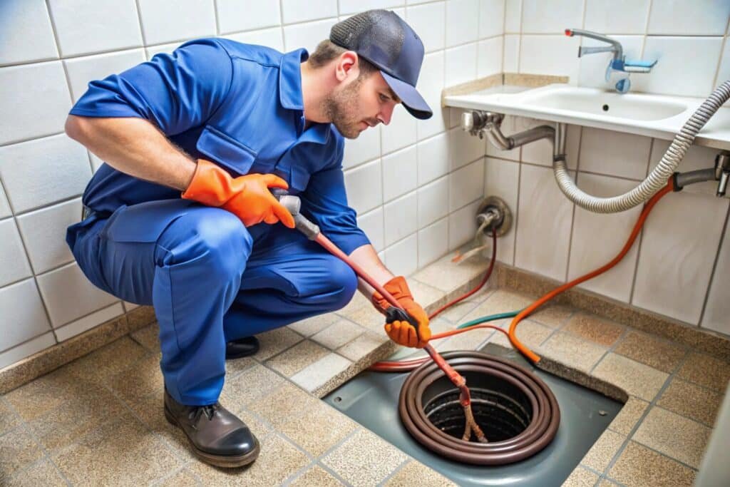 technician unclogging drain with snake plunger 857340 11747 technician unclogging drain with snake plunger 857340 11747