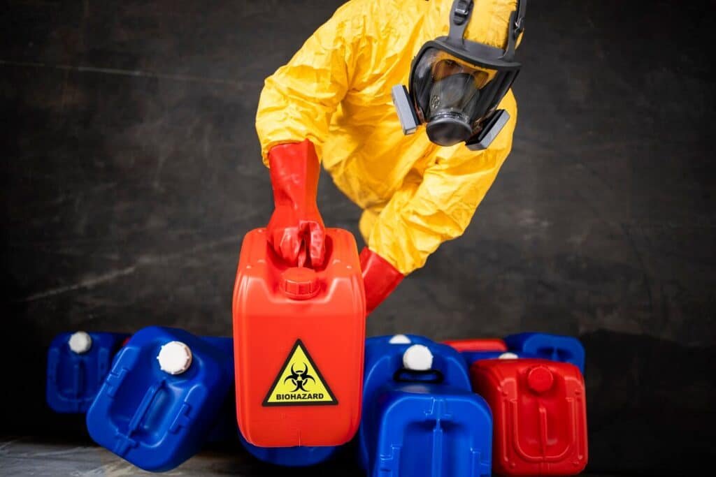 chemical worker protection suit gas mask handling toxic materials biohazard waste 308072 3855